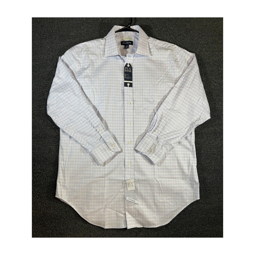 Jos A Bank Tailored Fit Dress Shirt Mens 17 32/33 Blue White Grid Stretch Cotton